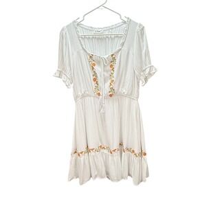In Loom Mini Dress L White Floral Embroidered Boho Tassel Ruffle Cottagecore